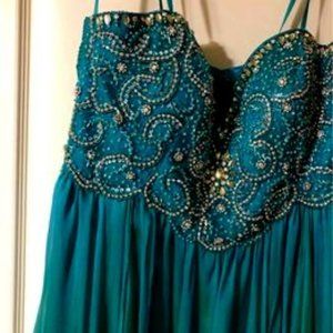 Della's Collection long formal iridescent green strapless dress, size 15/16